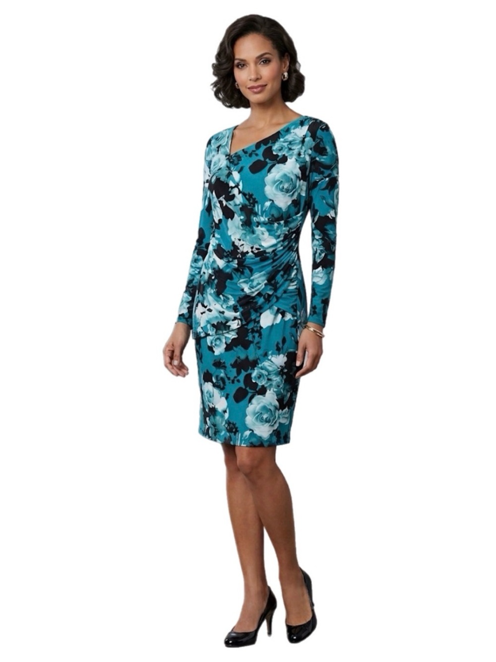 14 Plus Size connected apparel Teal Floral Ruched-Waist Midi Cocktail Dress